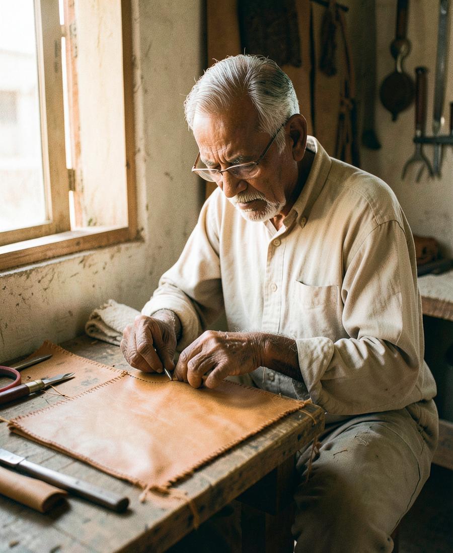 Ranabhai hand-stitching a tan leather panel at his workbench in Bhuj